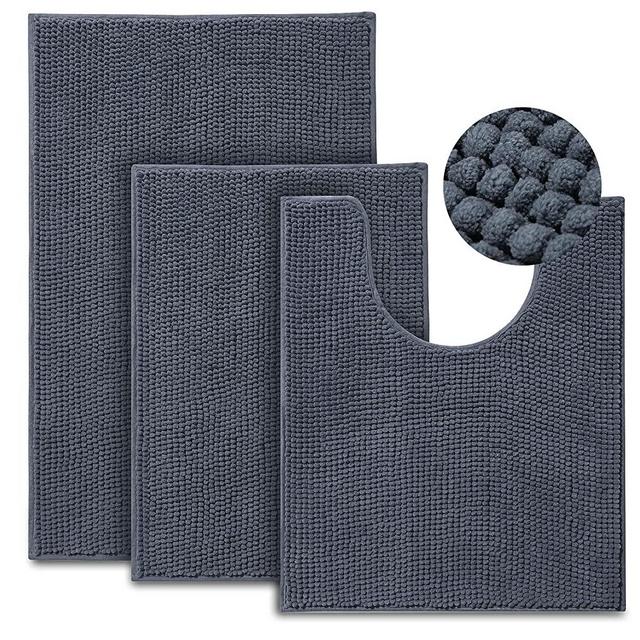 Urvoix Bathroom Rugs Set - 3 Pieces Ultra Soft Non-Slip Bath Mats, Chenille Absorbent Bath Rugs for Bathroom, Tub and Shower(Grey)