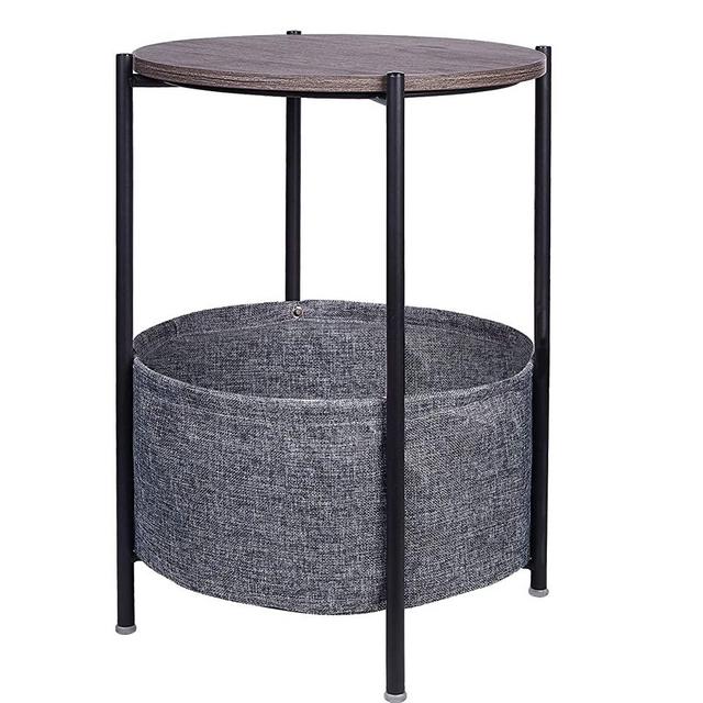 JANE EYRE Round Side Table with Storage Basket Small End Table Nightstand with Fabric Storage for Living Room Bedroom Home Office