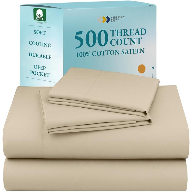 California Design Den Natural 100% Cotton Sheets King Size Set - 500 Thread Count Sateen, King Sheet Set, Fully Elasticized Deep Pockets for a Snug Fit, Breathable Bedding - Beige