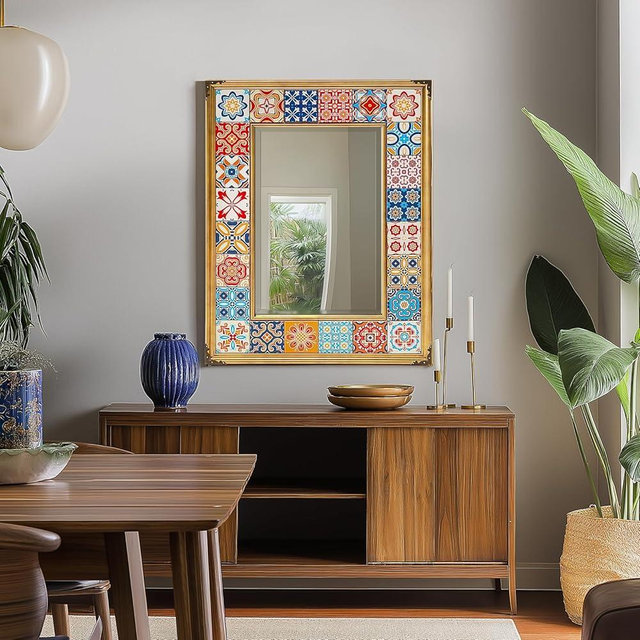 Mexican Talavera Tile Mirror, 24x18 inch Rectangle Mosaic Tile Mirror, Retro Gold Frame Bathroom Mirror for Wall, Spanish Mediterranean Tile Mirror for Entryway, Dining Room, Vanity, Living Room
