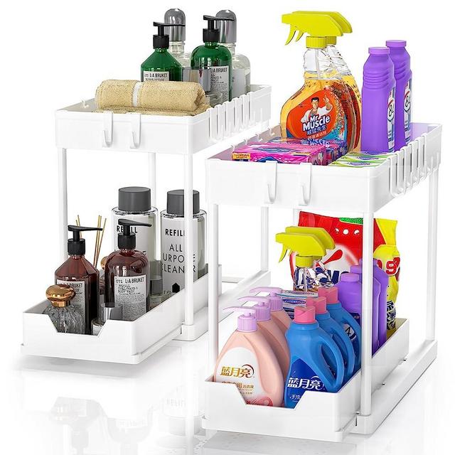 artzon Under Sink Organizers and Storage, 2-Tier Sliding Cabinet Basket Organizer with Hooks, Multi-Purpose Under Sink Organizers and Storage for Bathroom Kitchen (White 2 Pack)