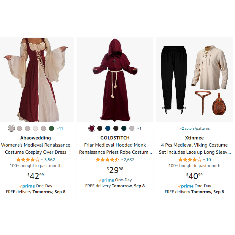 More medieval/rennaisance style costumes on amazon