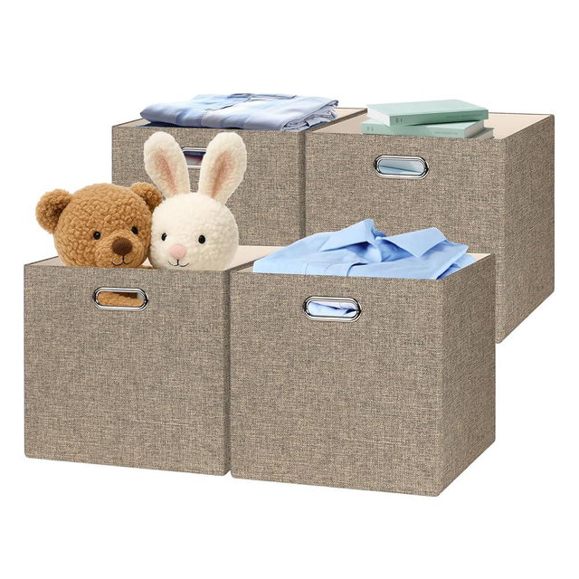 Posprica Collapsible Storage Bins,13×13 Foldable Storage Cube Boxes Fabric Drawer Fabric Storage Bins Vinyl Record Light Coffee, 4 Pack