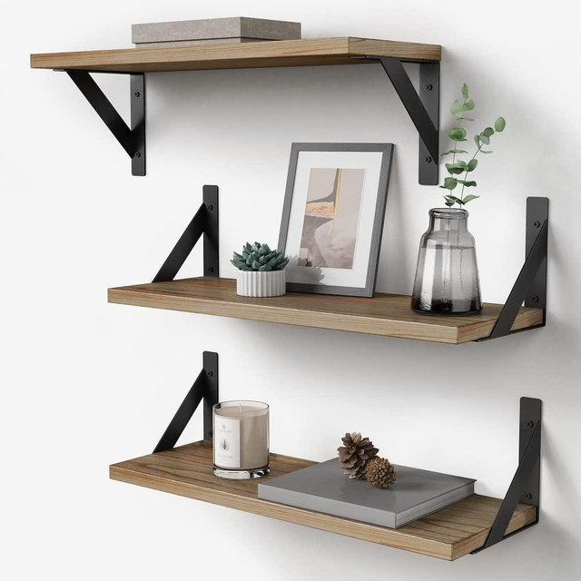 Floating Shelves with Black Metal Brackets Set of 3, Rustic Wood Wall Bookshelf for Bedroom Over Desk Bed, Hanging Shelf for Office Kitchen Living Room, Bathroom Over Toilet (Natural Color)