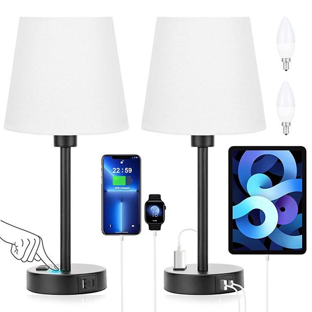 White Bedside Lamps for bedrooms Set of 2 - Nightstand Bedroom Lamp with USB C Port and AC Outlet Charging, 3 Way Dimmable Touch Control Small White Bed Side Table Lamp, Nightstand Light for Kids