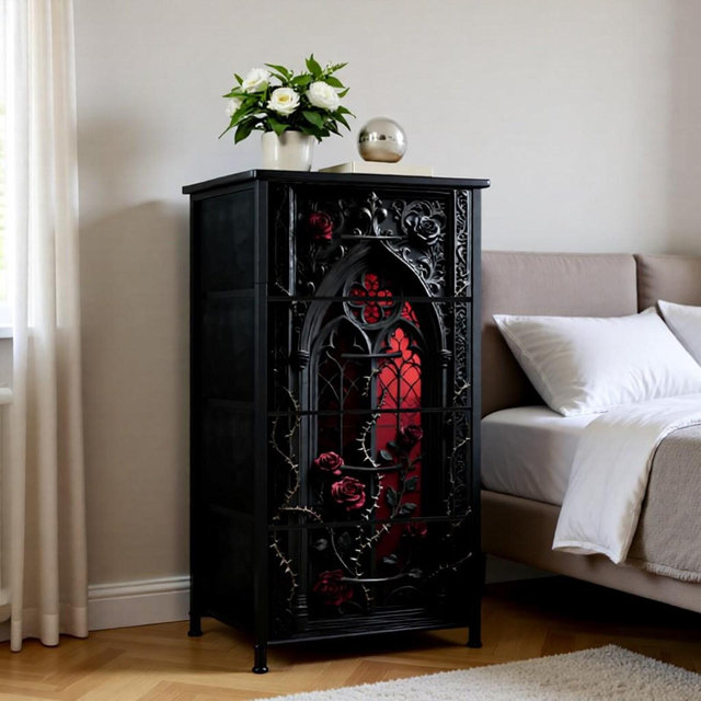 Gothic Cathedral Rose 4 Drawer Storage Unit, Stained Glass Organizer, Dark Academia Decor, Alternative Bedroom Storage, Lightweight Chest