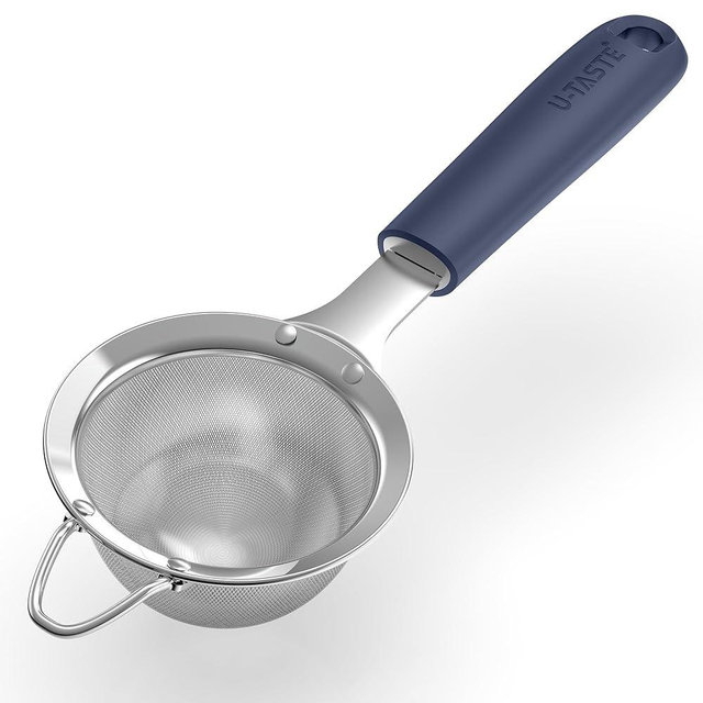 U-Taste Small Fine Mesh Strainer: 18/8 Stainless Steel 3.35in 30 Mesh Kitchen Food Sieve with Sturdy Riveted Silicone Handle, Heavy Duty Deep Handheld Metal Colander for Tea, Juice (Midnight Blue)