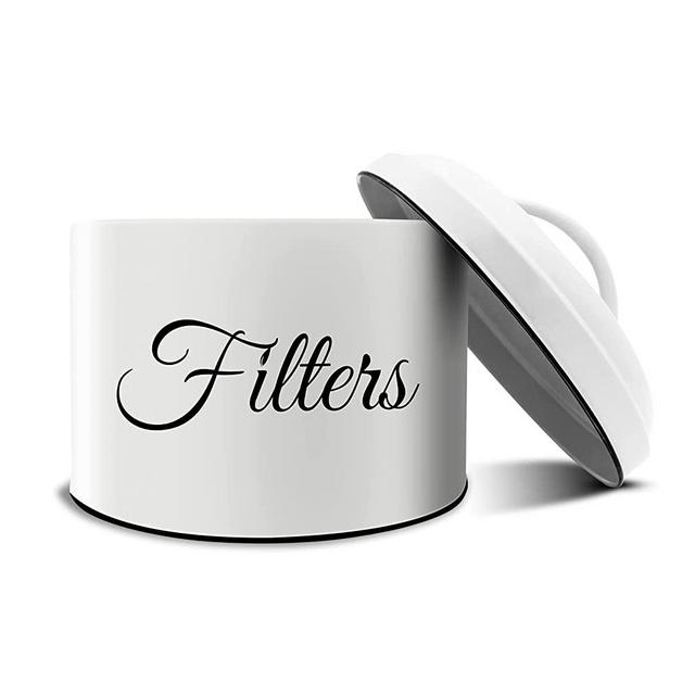 Coffee Filter Holder Storage, Urnseh Basket Coffee Filter Container with Lid, Enamelware Round Coffee Filter Dispenser for Counter Coffee Bar Decor Rustic Farmhouse Coffee Filter Jar White