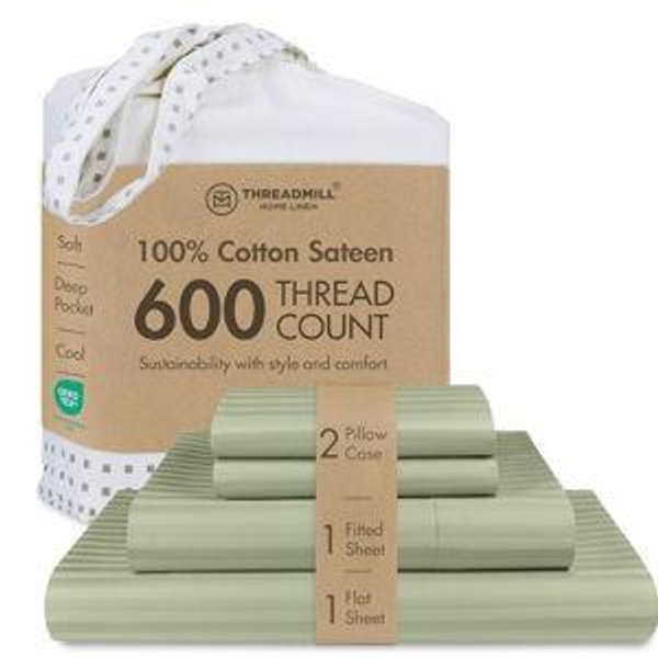 Threadmill 100% Cotton Sheets for Queen Size Bed - 600 Thread Count Queen Bed Sheets Set with 16” Deep Pocket - Damask Stripe Sateen Weave 4-Piece Bedding Set with Cooling Effect, Sage Green