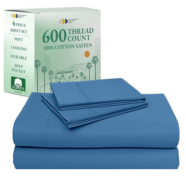 California Design Den King Sheets Cotton Set - Luxury 600 Thread Count Sateen, Natural 100% Cotton Cooling Sheets King Size, Hotel Quality, Durable Fully Elasticized Deep Pockets - Parisian Blue