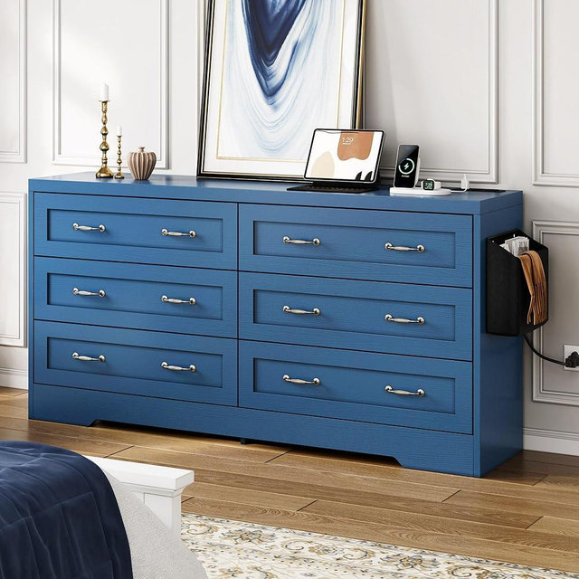 DWVO Farmhouse 6 Drawer Dresser for Bedroom, 60 Inch Large Modern Dresser TV Stand with Large Drawers & Bar Handles, Storage Dressers with Power Outlets, Rustic Wood Chest of Drawers, Blue