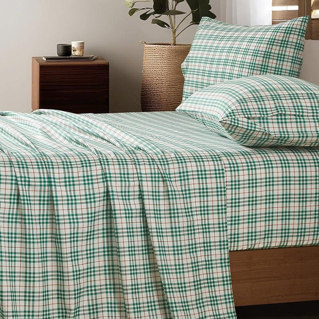 HYPREST Checkered Sheets Queen Size，Deep Pocket Queen Sheets up to 18 Inch, Soft Green Bed Sheets Patterned Hotel Christmas