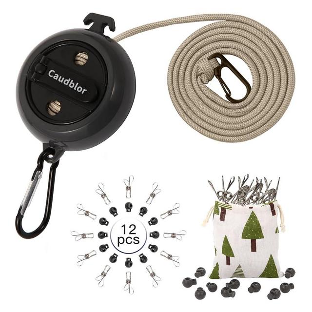 Portable Travel Clothesline Cord, Caudblor Adjustable 33ft Camping Clothes line, Laundry Drying Rope for Hotel Trip, Cruise, Outdoor/Indoor, with 12Pcs Stoppers, Windproof Clothespins
