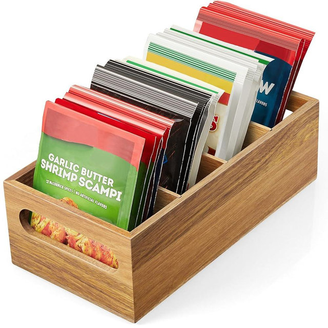 DRASTAR Pantry Organization and Storage Bins, Acacia Seasoning Packet Organizer with Handle, Wooden Storage Caddy for Kitchen, Pantry, Cabinet, Countertop