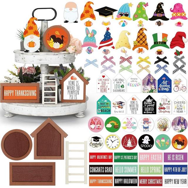 Lineshading 65 Pcs Fall Farmhouse Tiered Tray Decor Set Interchangeable Year Round Seasonal Tray Decorations Holiday Rustic Wooden Frames Arch Ladders Cards Bow Knot for Home Kitchen Table Decor