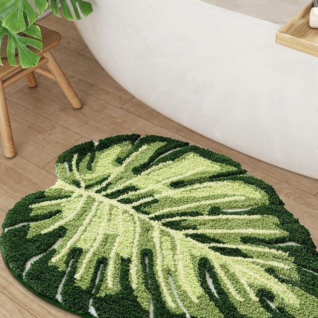 LUMI Cute Bathroom Rugs with Green Leaf Plant, Soft, Fluffy, Plush, Absorbent, Quick Dry, Non Slip, Machine Washable for Shower Floor, Bathroom, Bedroom,Kids Room, 23.5"x31.5", Monstera