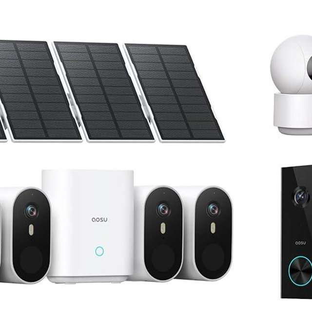 AOSU SolarCam Pro System 4-Kit + 2K Indoor Camera + 2K Doorbell Camera - No Monthly Fee