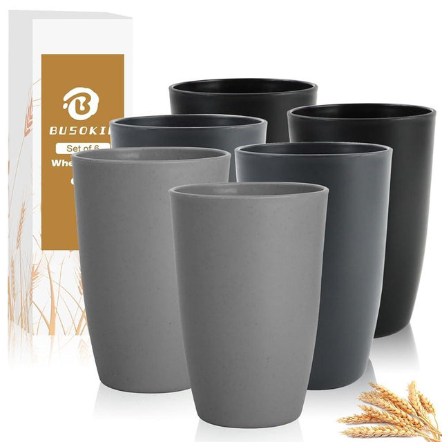 BUSOKIP Wheat Straw Cups 20 OZ Set of 6, Unbreakable Drinking Cup Reusable, Alternative to Plastic Cups Reusable, Kitchen Water Tumblers Dishwasher and Microwave Safe (Black, Grey)
