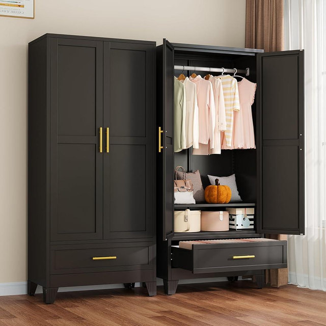 winiowa Metal Armoire Wardrobe Closet with Drawer, 71" Wardrobe Cabinet with Adjustable Shelves and Hanging Rod, Clothing Storage Cabinet Closet for Bedroom-Black