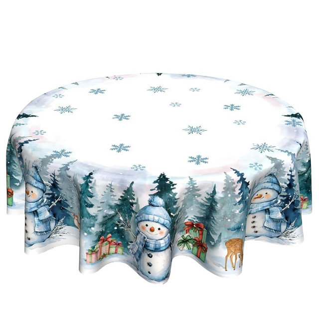 VentuCoven Winter Snowman Round Tablecloth 60 inch Deer Snowflake Circle Table Cloth Green Tree Tablecloths for Circular Tables for Home Kitchen Picnic Dining Indoor Outdoor