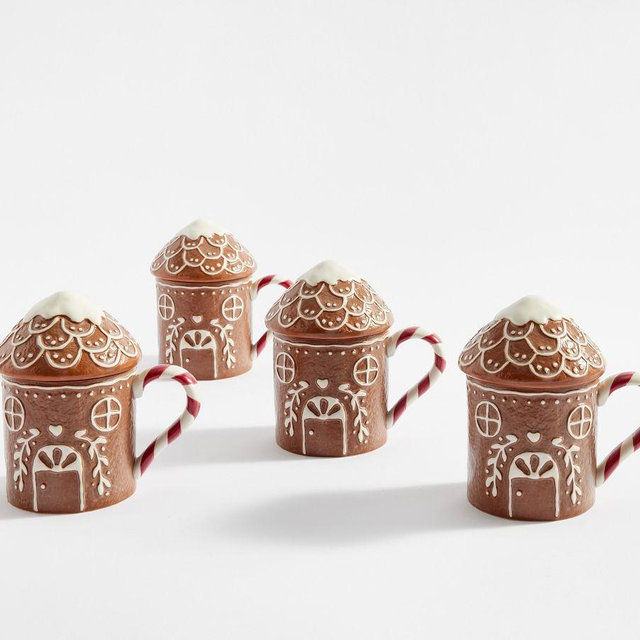 Gingerbread House Lidded Mugs, Set of 4 - Brown