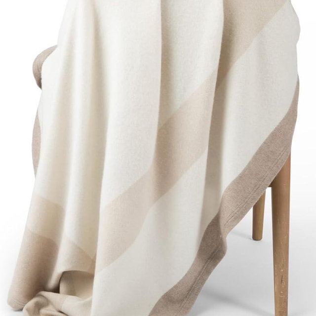 Jet&Bo 100% Pure Cashmere Throw Blanket Ultra Soft Woven Accent Blanket for Couch, Sofa & Bed Large 74”x57” White Beige Brown Stripe Pattern