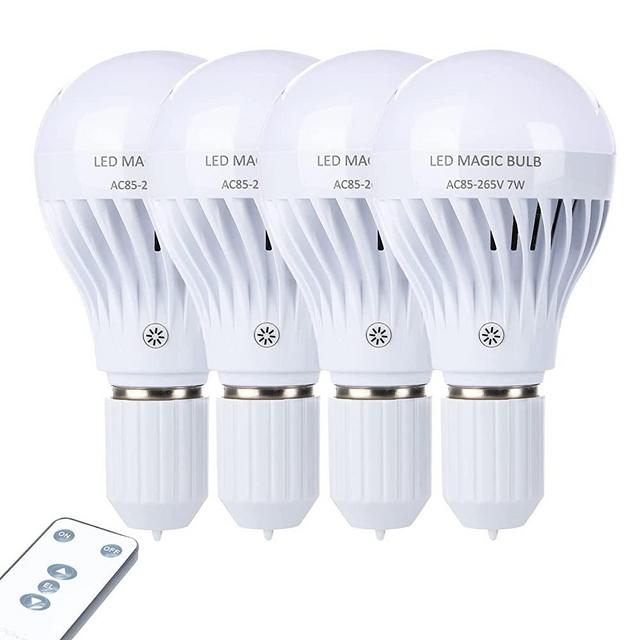 BSOD AC 85-265V 7W LED Magic Bulb with Remote Controller White Emergency Light with Rechargeable Built-in Battery E27 Lamp for Home Indoor Lighting (White 4 Pack)