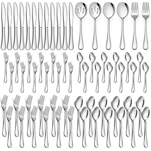 LIANYU 66-Piece Silverware Set with Serving Utensils, Stainless Steel Silverware Flatware Set for 12, Elegant Cutlery Tableware Includes Fork Spoon Knife, Mirror Polished, Dishwasher Safe