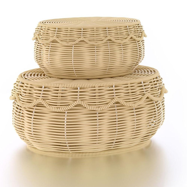 Olpchee Wicker Storage Basket with lid Hand Woven Rattan Basket Small Scalloped Basket Set of 2 Woven Baskets for Storage Nursery, Baby, Clothes, Toys, Diapers