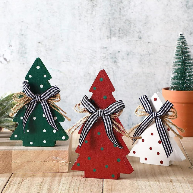 Christmas Decor 3 Pieces Wood Table Christmas Tree Rustic Farmhouse Xmas Centerpiece for Small Table Christmas Trees Tiered Tray Decoration (Polka Dot Style)