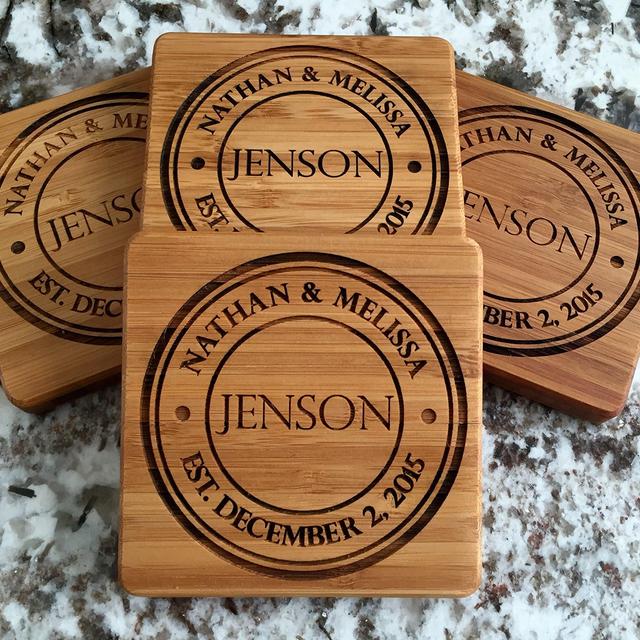 Monogram Wood Coasters for Drinks - Personalized Wedding-Gifts, Bridal Shower-Gifts (Set of 4, Jenson Design)