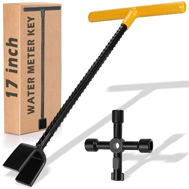 Winisok 17 Inch Water Meter Key With 4 Way Multi-Functional Utilities Key, Enforced Rebar Water Shut Off Tool Wrench T-handle for Curb Main and Water Meters, Underground Stop or Waste Valves