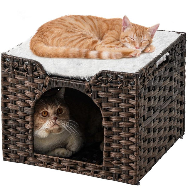 SETVSON Cat Beds Indoor Kitten House, Handwoven Rattan Cat Cave Pet Cube, Large Cat Houses, One Bed Mat, Foldable, Hideaway, 16.5x16.5x13.2 Inches, 2 S-Shaped Hooks in Living Room Bedroom Brown