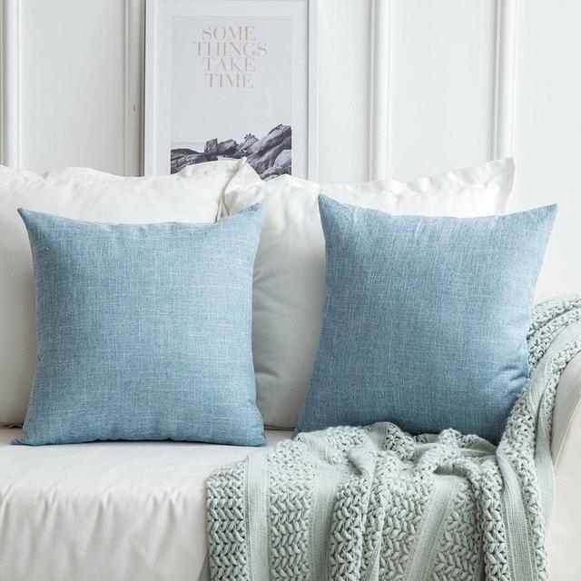 MIULEE Pack of 2 Decorative Linen Burlap Pillow Cover Square Solid Throw Cushion Case for Sofa Car Couch 18x18 Inch 45x45 cm Light Blue