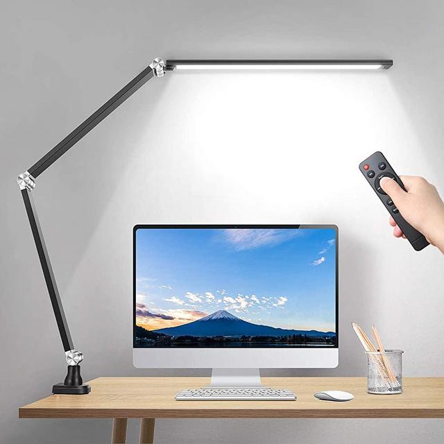 LED Desk Lamp with Clamp, Metal Swing Arm Lamp with Remote, 5 Color Modes & Stepless Dimming Architect Lamp, 10W Eye-Care Task Lamp Timer for Office, Work, Home, Reading, Dorm (Black)