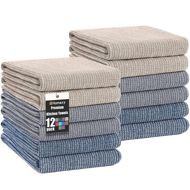 Homaxy Premium Kitchen Towels(18”x 28”, 12 Pack), Large Cotton Kitchen Hand Towels, Flat and Terry Dish Towels, 380 GSM Highly Absorbent Tea Towel Set with Hanging Loop, Multicolor