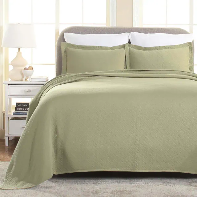 100% Cotton Lightweight Bedspread and Pillow Sham Set Basketweave Matelass, King, Sage - Blue Nile Mills