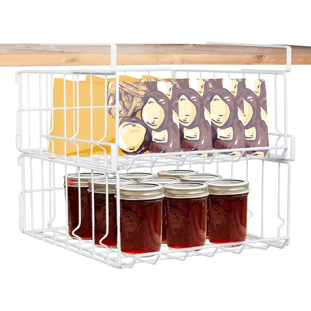 Hanging Under Shelf Storage Basket, 2 Pack Foldable Under Cabinet Metal Desk Storage Wire Rack Organizer for Kitchen Pantry Bookshelf Office Home, Easy to Install Slide-in Under Shelves (White)