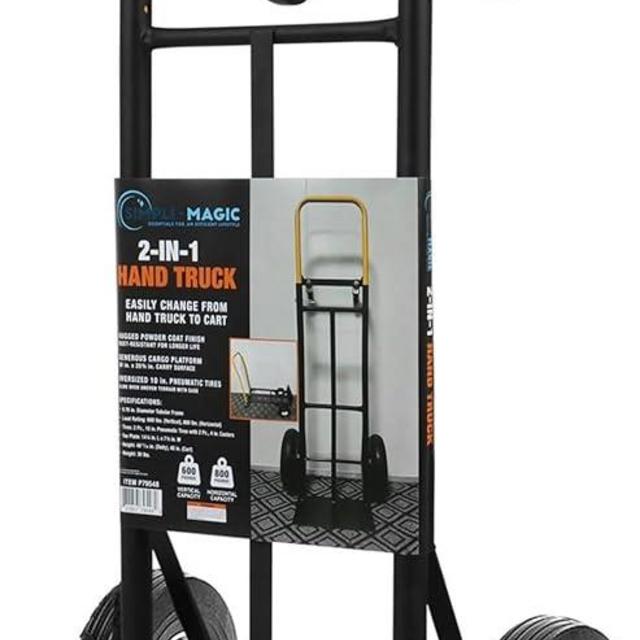 Simpli-Magic 800 lb Capacity 2 in 1 Convertible Hand Truck and Dolly with 10" Flat Free Rubber Wheels,Black with Yellow Handle.