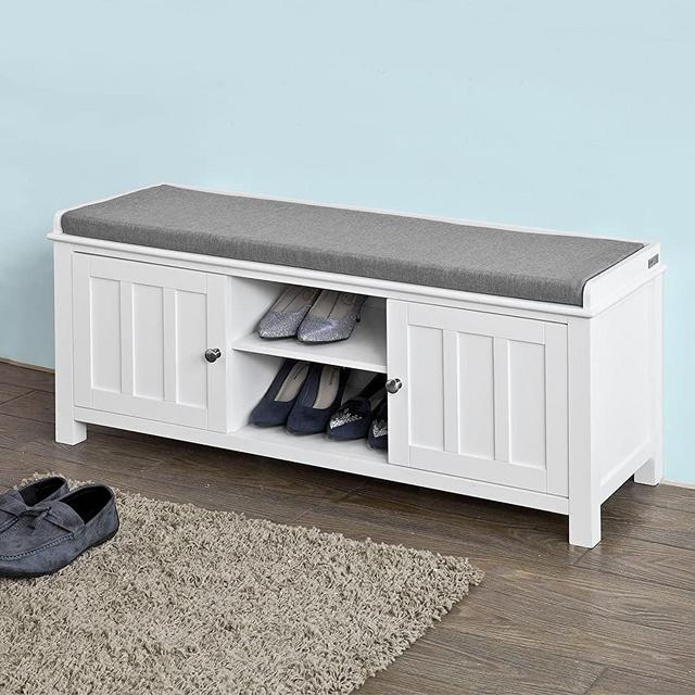 Haotian White Storage Bench with 2 Doors & Removable Seat Cushion, Shoe Cabinet Shoe Bench,FSR35-W,White