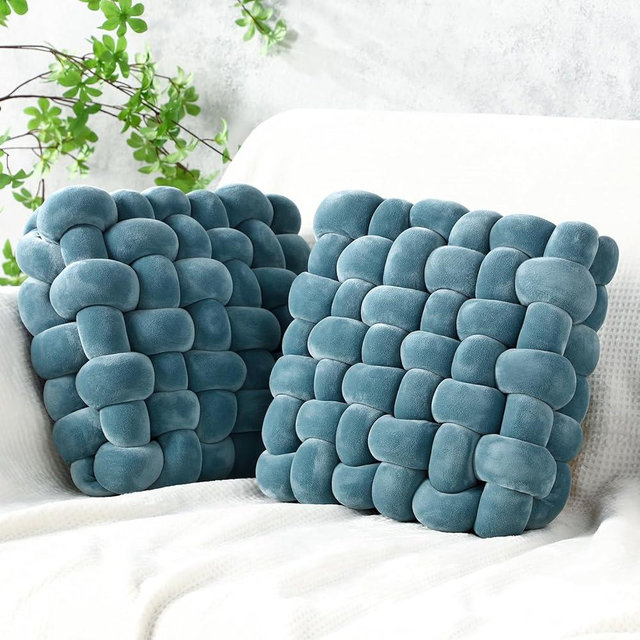 Wenqik 2 Pcs Knot Pillows Square Knotted Plush Throws Soft Accent Pillows Decoration Cushion for Couch Home Office Living Room Bedroom Bed Sofa Decor, 12'' x 13''(Haze Blue,Crystal Velvet)