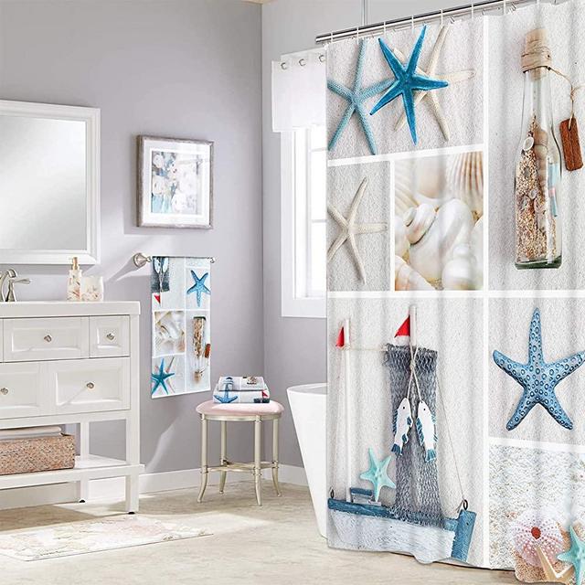 4 Piece Nautical Shower Curtain Set, Includes Extra Large Bath Towel, Absorbent Hand Towels, Soft Washcloth, Starfish Beach Shower Curtain with 12 Hooks for Bathroom Decoration, Spa, Hotel