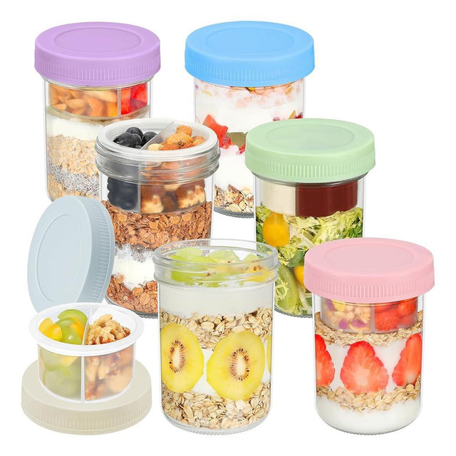 Xyptorix 16 oz Overnight Oats Containers with Airtight Lids - 6-Pack Leak-Proof Wide Mouth Mason Jars & Divided Cups for Dried and Wet Foods, Glass Jars for Chia Pudding, Salad, Snacks, and Yogurt
