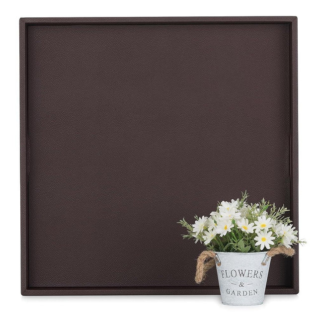 Hanobe Large Ottoman Serving Tray: Faux Leather Coffee Table Trays with Handles 22 Inch Square Extra Big Oversized Aesthetic Modern Brown Ottoman Topper for Living Room Parties Home