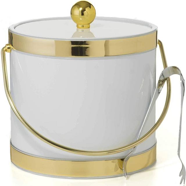 Hand Made In USA White With Dual Gold Bands Double Walled 3-Quart Insulated Ice Bucket With Bonus Ice Tongs