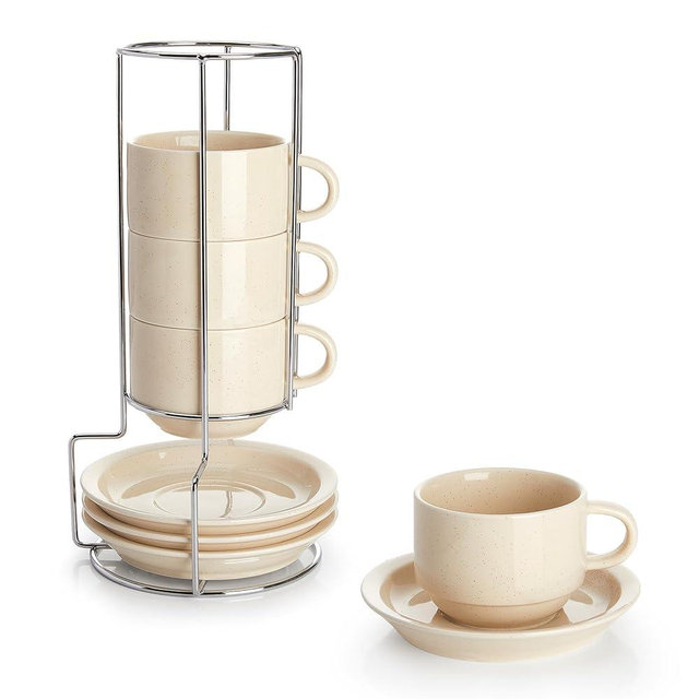 Sweese 8 Ounce Porcelain Stackable Cappuccino Cups with Saucers and Metal Stand - for Specialty Coffee Drinks, Cappuccino, Latte, Americano and Tea - Set of 4, Beige