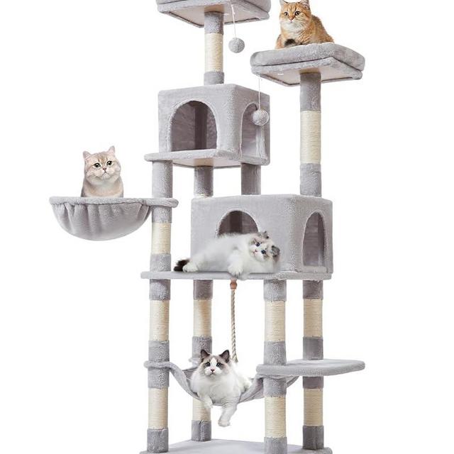 Taoqimiao Cat Tree, 66.2-Inch Cat Tower for Indoor Cats, Plush Multi-Level Cat Condo with 12 Scratching Posts, 2 Perches, 2 Caves, Hammock, 2 Pompoms, Light Gray MS013W