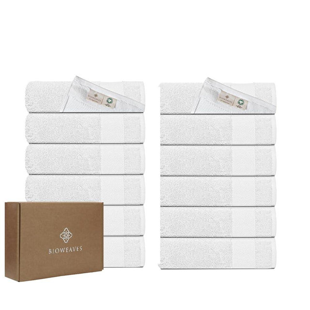 BIOWEAVES 100% Organic Cotton 700 GSM Plush Washcloths 13" x 13" GOTS Certified - White, Pack of 12