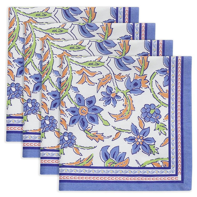 PurpleEssences Blue Floral Cloth Napkins - Set of 4, 18x18 Inch - 100% Cotton, Reusable, Soft Durable - Elegant Table Decor for Spring Easter Summer and Every Occasion - Retro Floral