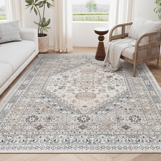 zesthome 8x10 Area Rugs for Living Room,Non-Slip Backing Washable Rugs,Vintage Large Area Rug，Stain Resistant Home Decor Rug (Beige,8'x10')